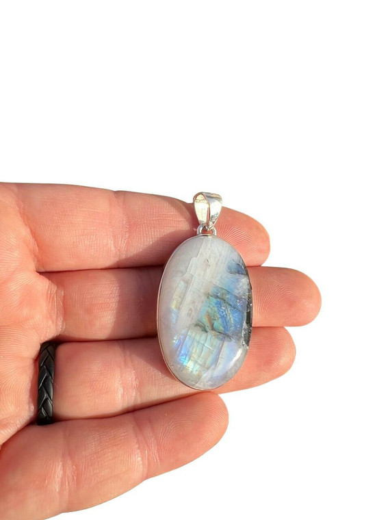 Rainbow Moonstone Pendant - Polished Oval - Sterling Silver - No.13