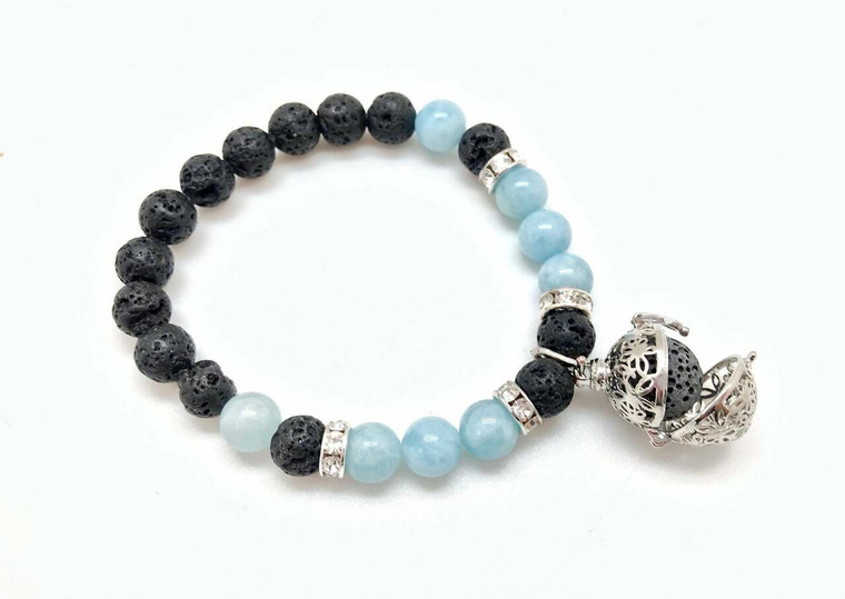 Aquamarine and Lava Stone Aromatherapy Elastic Bracelet - 8mm Beads