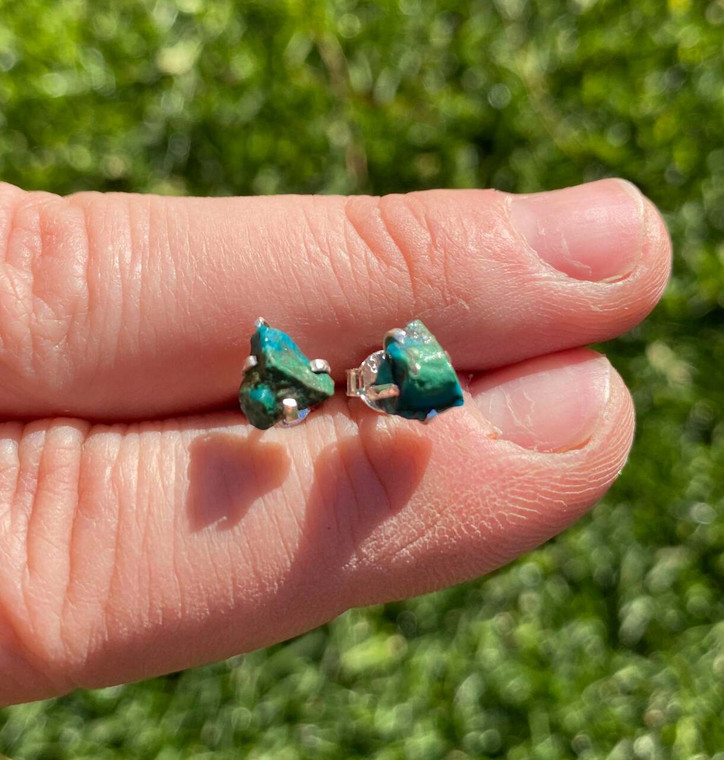Chrysocolla Raw Natural Stud Earrings - Sterling Silver