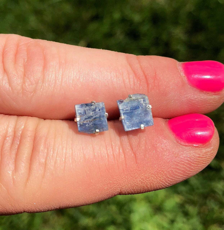 Blue Kyanite Raw Square Stud Earrings - Sterling Silver