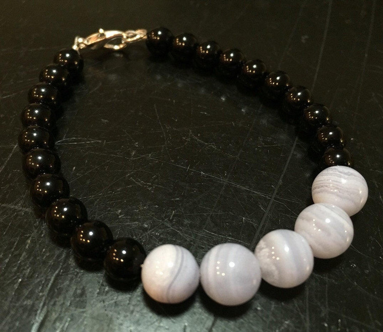 Throat Chakra Clasp Bracelet - 6mm & 8mm Beads - Blue Lace Agate & Black Obsidian 
