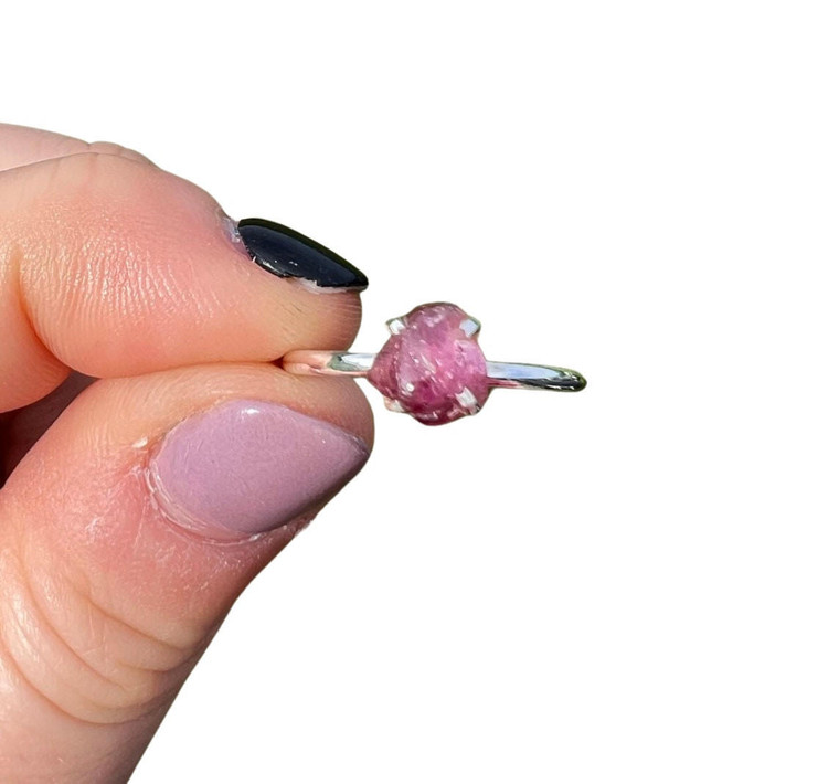 Raw Pink Tourmaline Prong Ring in Sterling Silver