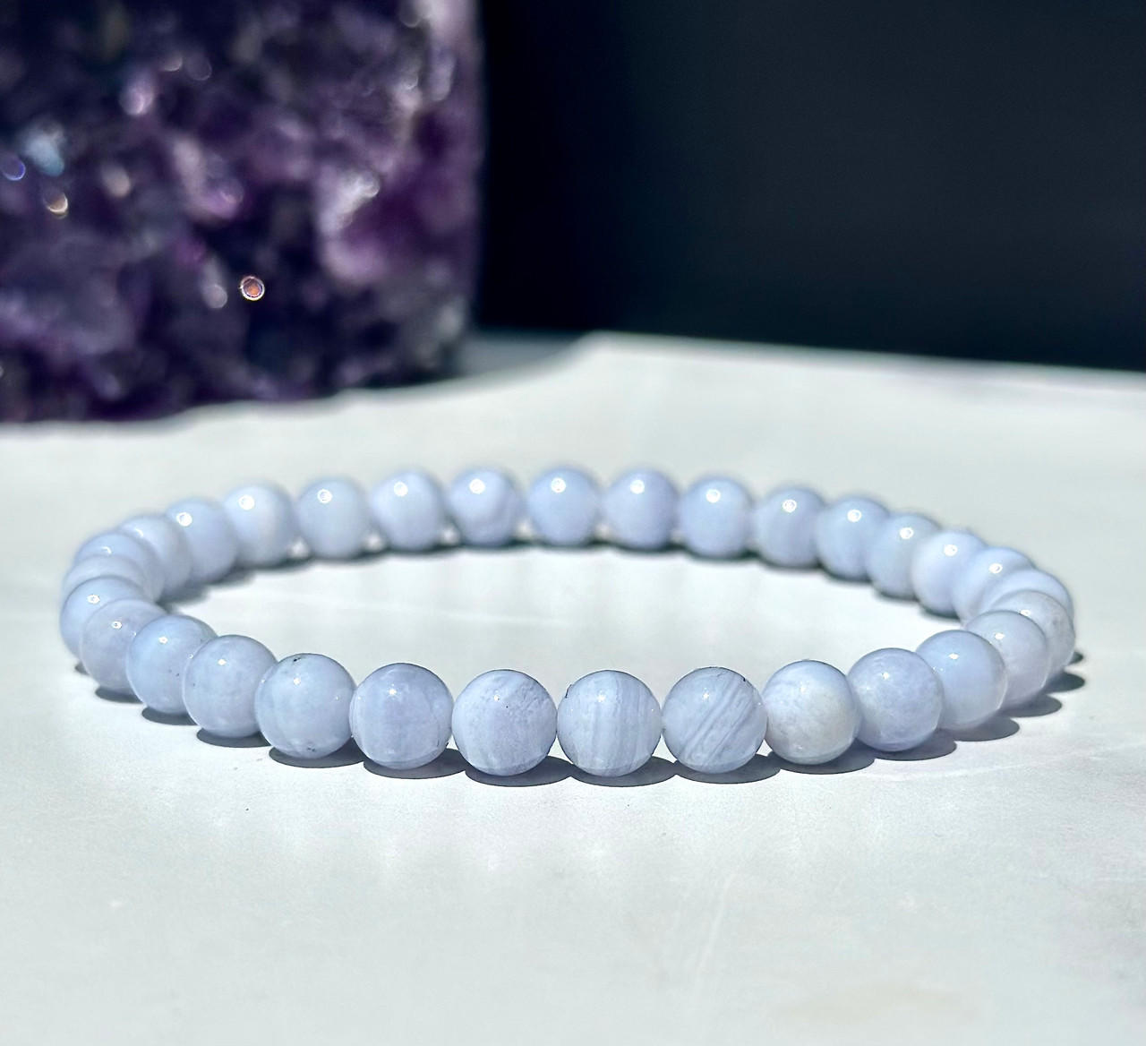 Blue Lace Agate Elastic Bracelet - 6mm & 8mm Beads | New Moon