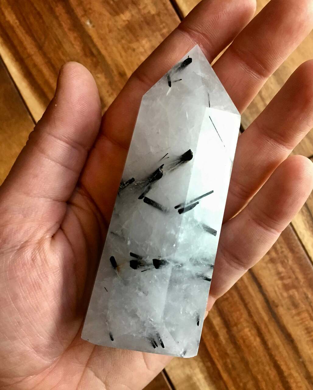 Tourmalinated Quartz Point Polished Crystal Tower New Moon