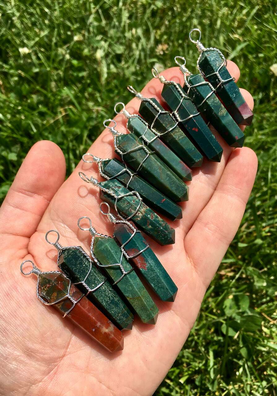 Bloodstone Pendant Polished Point Pendant Wire Wrapped New
