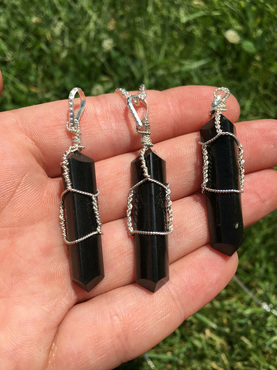 Black Tourmaline Polished Point Pendant in Wire Wrapped Metal