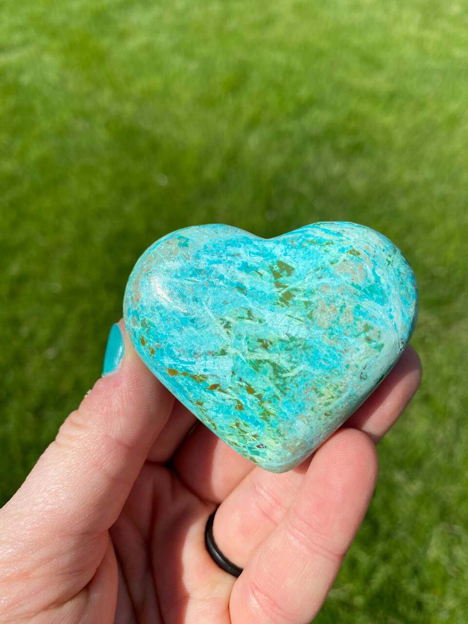 Selenite Heart Charged Top-Grade Turquoise Crystal Puffy Heart Palm Stone 