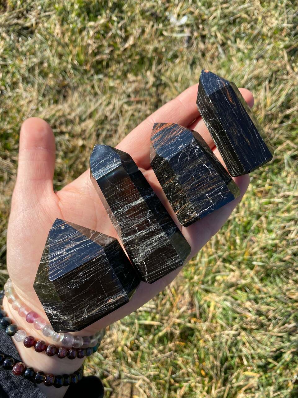 Black Tourmaline Point with Red Jasper - Polished Stone Tower