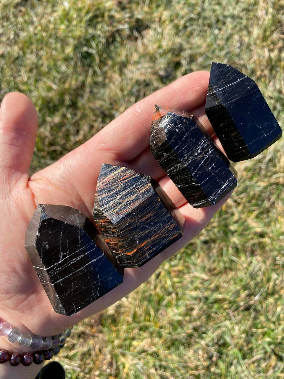Black Tourmaline Point with Red Jasper - Polished Stone Tower