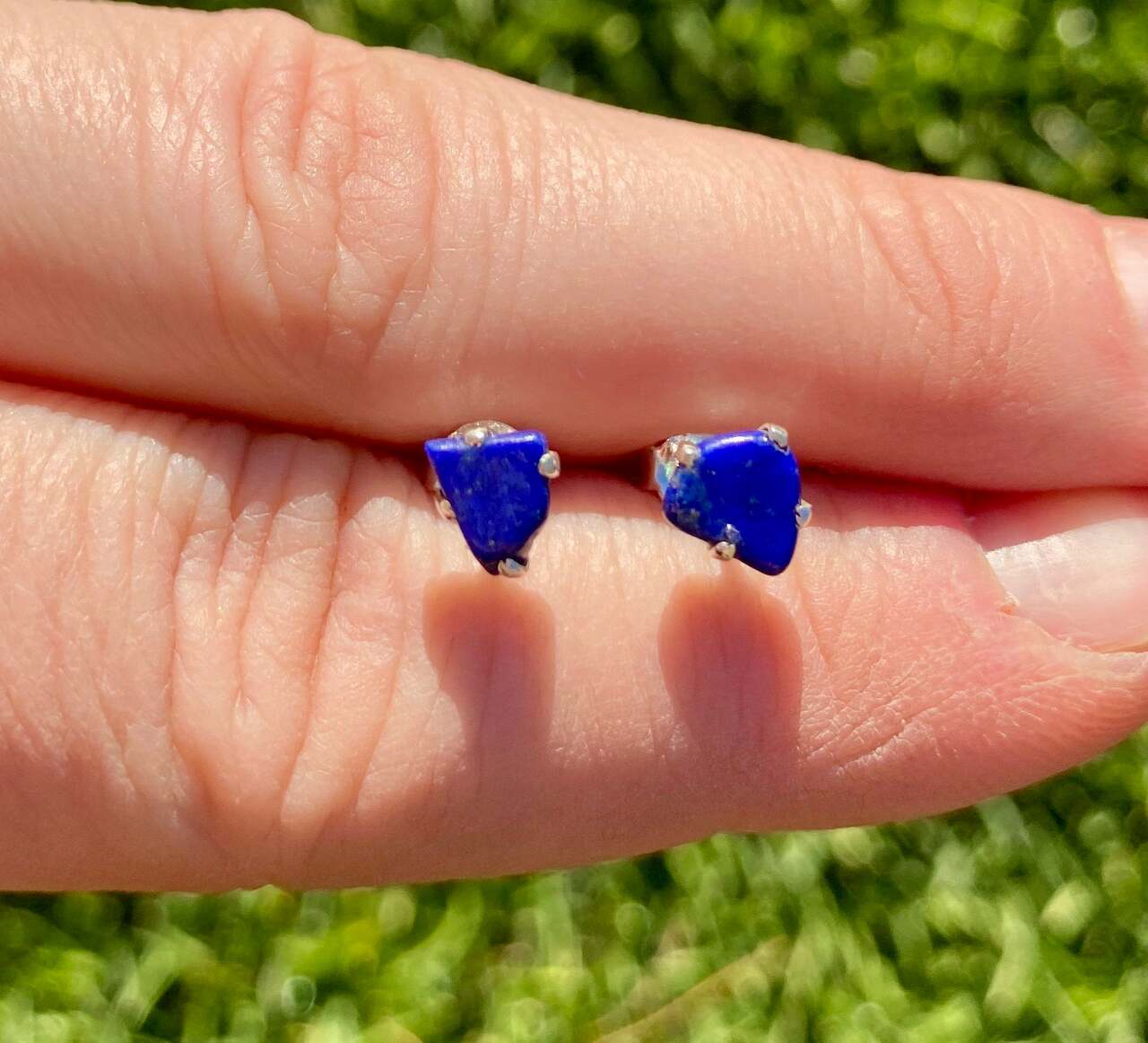 Lapis Lazuli Polished Earrings in Prong Stud Setting - Sterling Silver