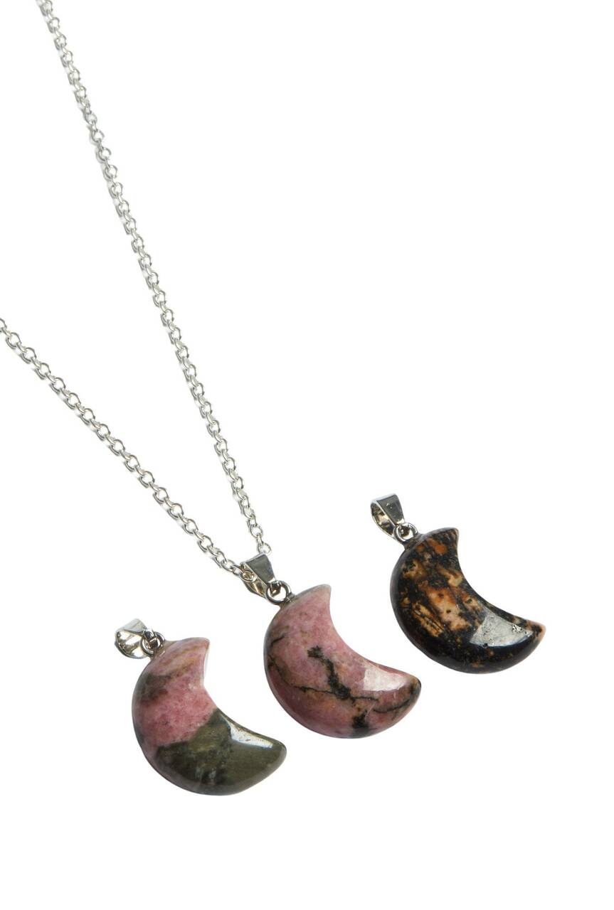 Rhodonite Stone Crescent Moon Pendant | New Moon Beginnings Rhodonite Stone Crescent Moon Pendant | New Moon Beginnings