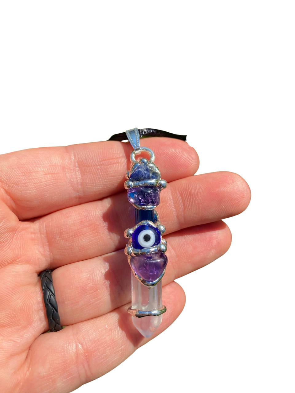 Sodalite and Mother-of-Pearl Evil Eye Medallion Necklace  Adjustable Evil Eye Pendant Necklace with Sodalite Stone main image 2