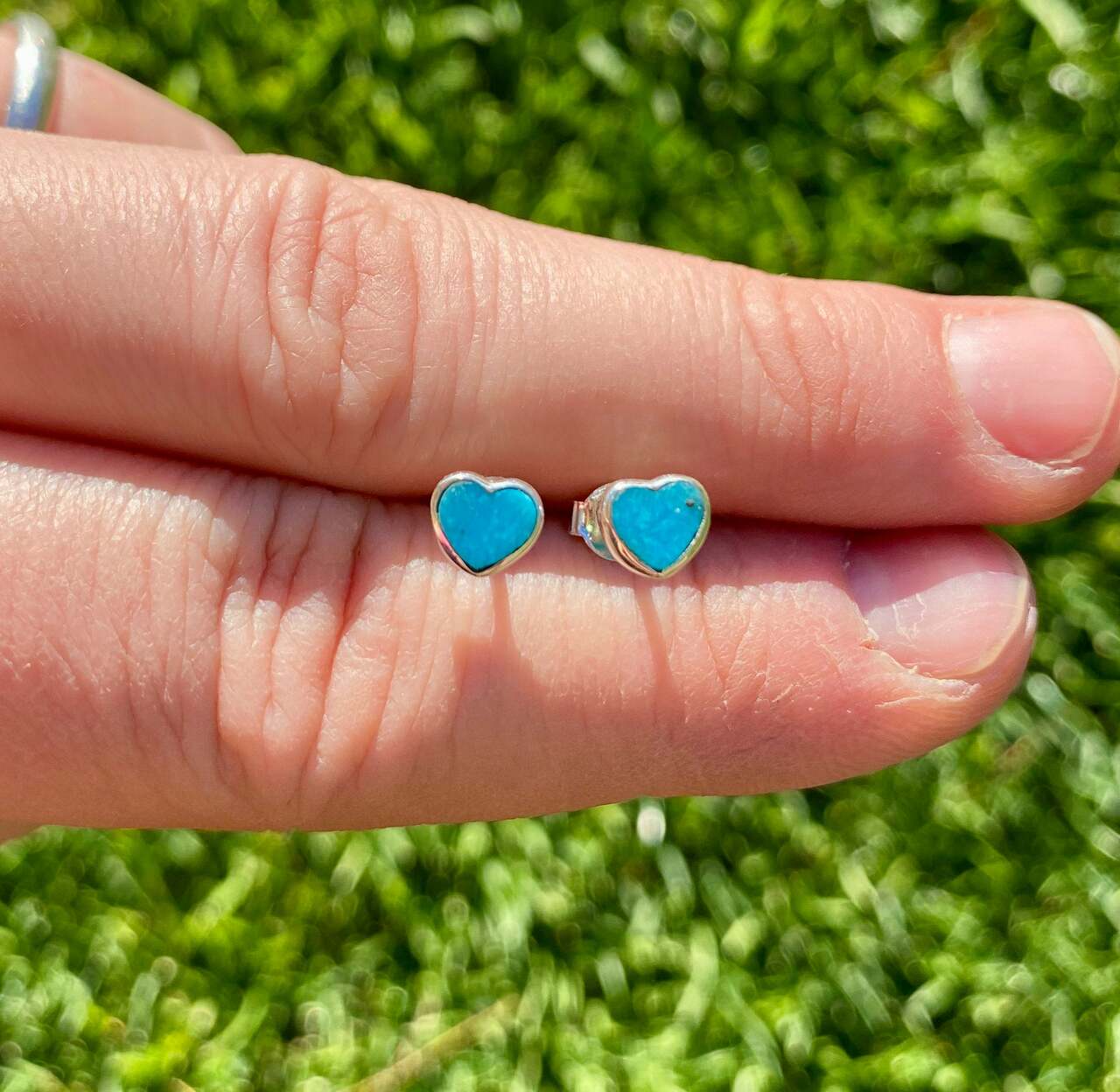 Natural Turquoise Polished Heart Stud Earrings - Sterling