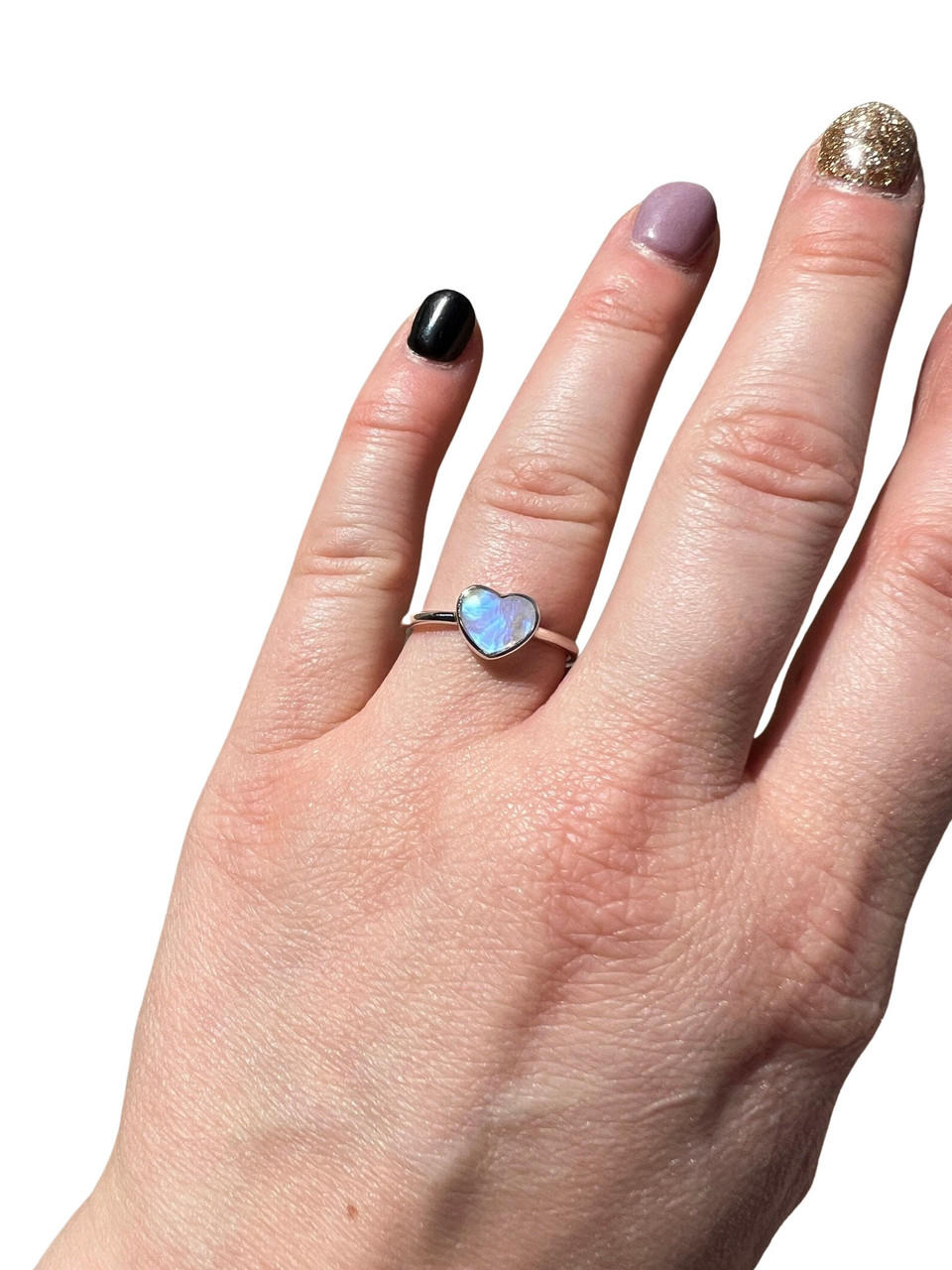 Rainbow Moonstone Heart Ring in Sterling Silver | New Moon