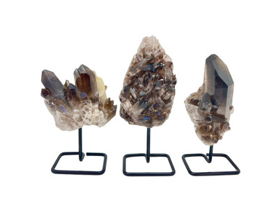 Raw Smoky Quartz Cluster on Metal Stand