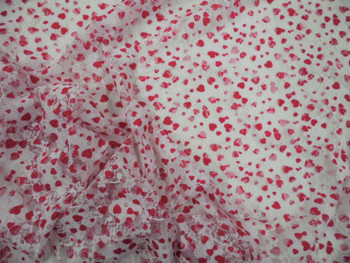 Printed Stretch Lace Apparel Fabric Sheer Floral Valentine Hearts Red White B215