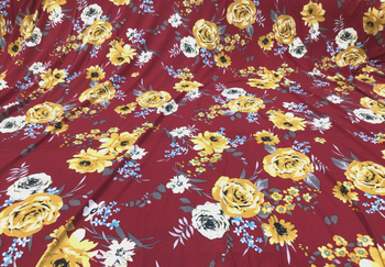 Printed DTY Spandex Stretch Apparel Fabric Golden Yellow Dark Red Floral I312