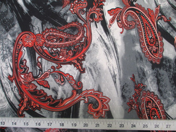 Discount Fabric Printed Lycra Spandex Stretch Red Paisley on Storm Cloud 402A