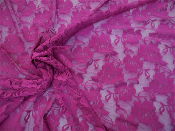 Discount Fabric Stretch Mesh Lace Fuchsia Rose Floral Sheer Metallic Sheen A502