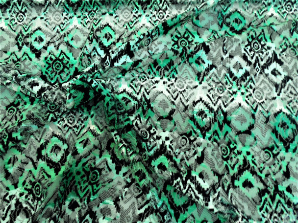 Discount Fabric Stretch Mesh Lace Green Black White Aztec B701