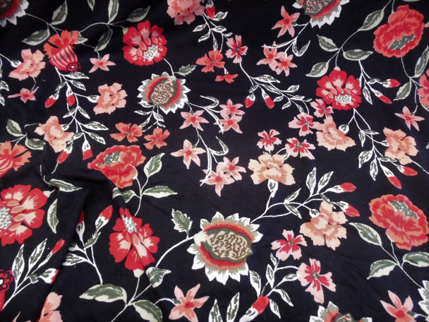Discount Fabric Printed Spandex 4 way Stretch Pink Red Black Coral Floral B205