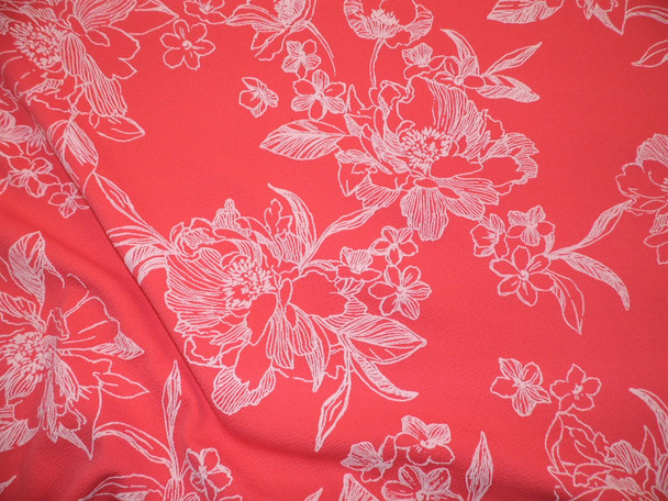 Printed Liverpool Textured Fabric 4 way Stretch Watermelon Pink Embroidered White Floral K505
