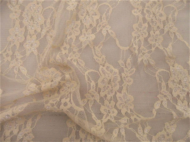 Stretch Mesh Lace Fabric Dark Ivory Floral Sheer Metallic Sheen A207