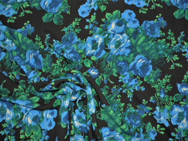 Challis Rayon Apparel Fabric Blue Teal Green Black Floral F405