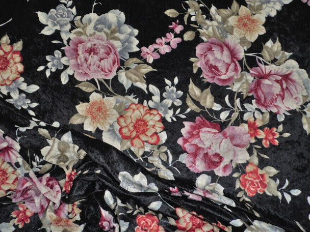 Printed Stretch Velvet Spandex Fabric Apparel Black Burgundy Gray Floral G100