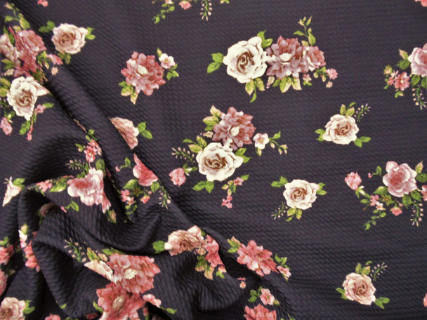 Bullet Printed Liverpool Textured Fabric Stretch Black Mauve Brown Floral O37