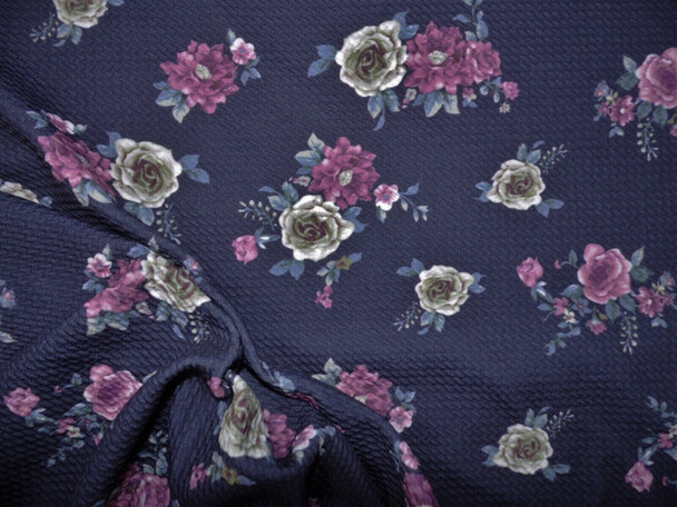 Bullet Printed Liverpool Textured Fabric Stretch Navy Plum Slate Blue Floral O47