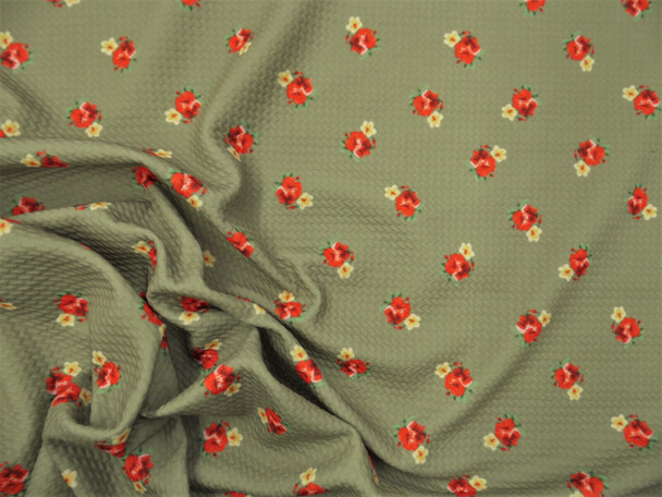 Bullet Printed Liverpool Textured Fabric Stretch Sage Green Red Yellow Floral U41