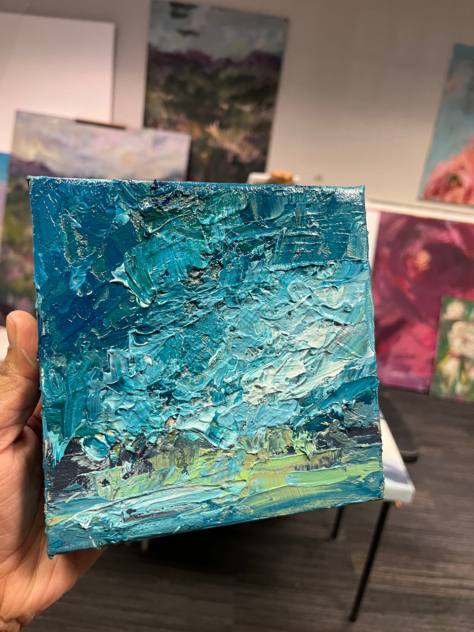 Just A Cloud Away, 6x6 textured landscape oil painting