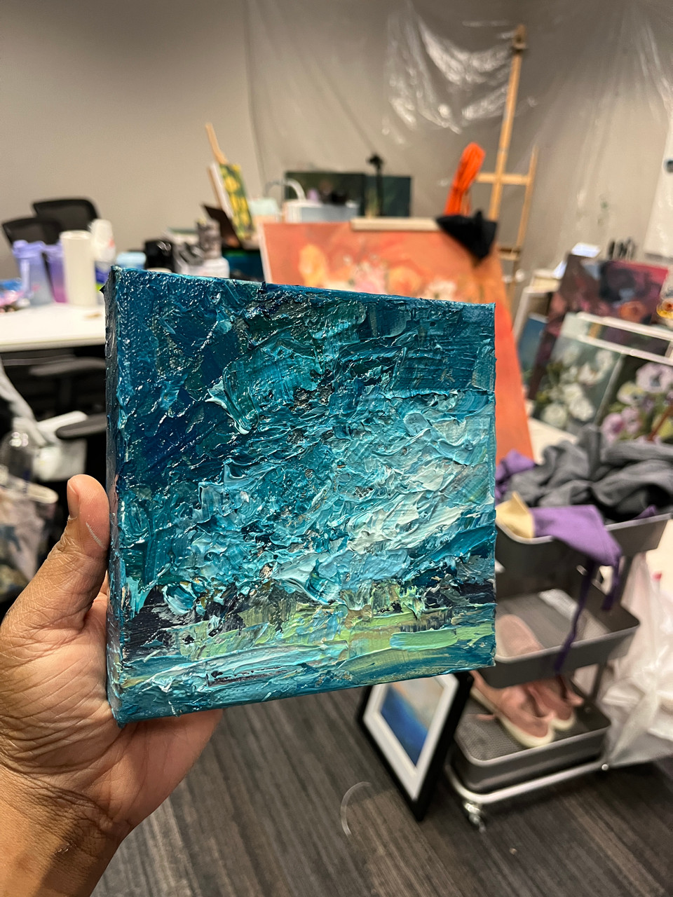 Just A Cloud Away, 6x6 textured landscape oil painting