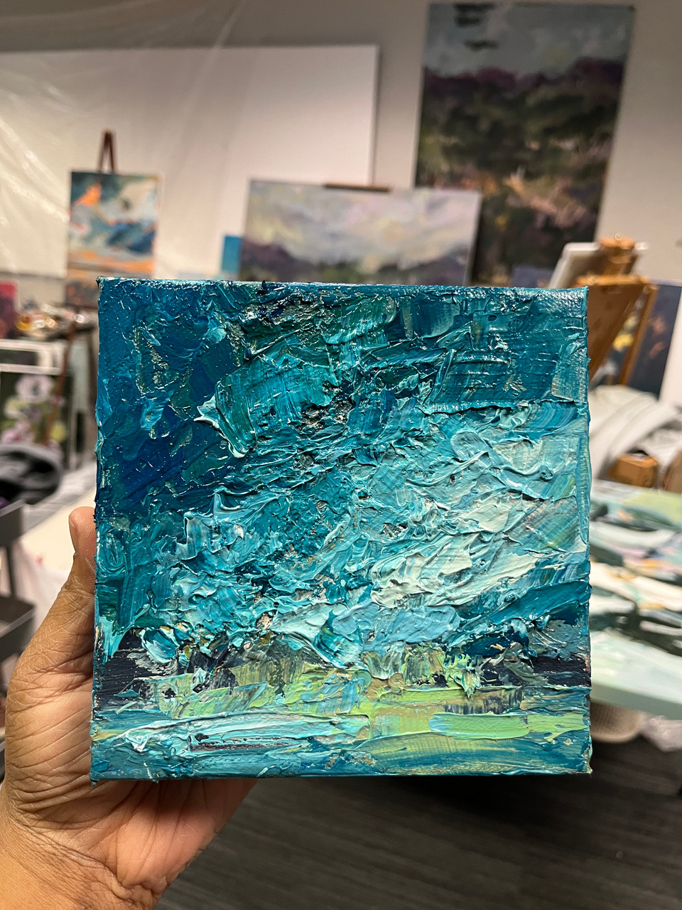 Just A Cloud Away, 6x6 textured landscape oil painting