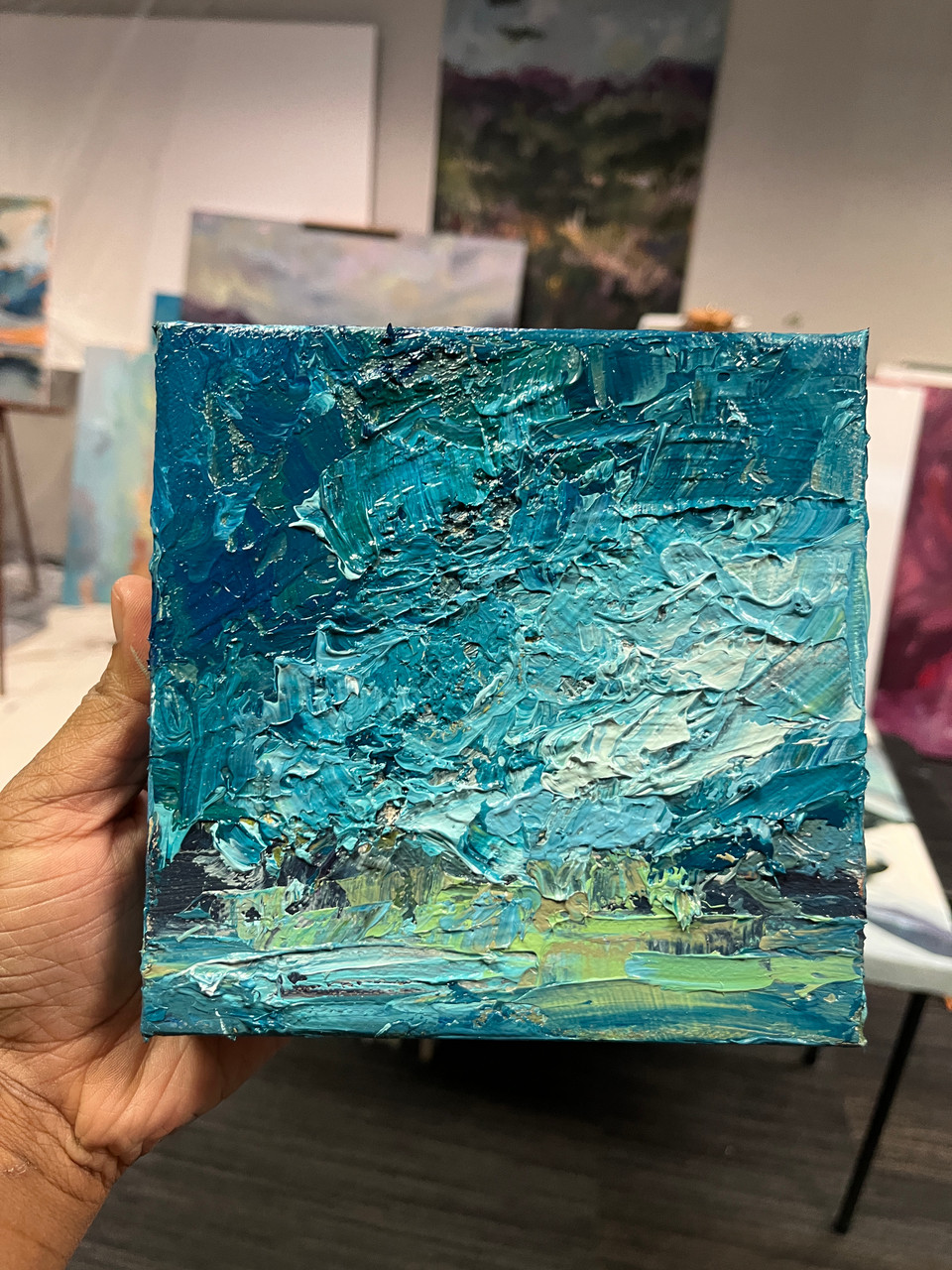 Just A Cloud Away, 6x6 textured landscape oil painting