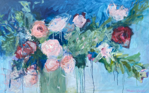 Doves in the Wind, 30x48 impressionist abstract floral bouquet This large-scale floral oil painting was created with contemporary interiors in mind. Its horizontal 30×48 format makes it an ideal statement piece for living rooms, dining areas, entryways, and styled residential or commercial spaces. Layered blue tones create depth and calm, while expressive florals introduce movement, softness, and visual interest without overwhelming the room.

Designed to anchor a space rather than compete with it, this artwork pairs beautifully with neutral palettes, modern furnishings, and thoughtfully curated interiors. The painterly texture and subtle drips add dimension and character, making it well-suited for designers seeking art that feels intentional, elevated, and timeless.