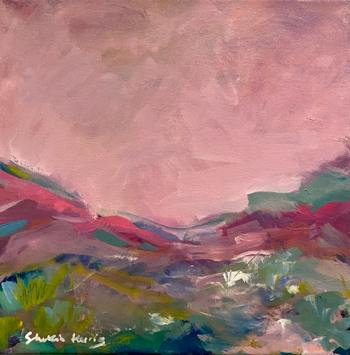 Quiet Between The Peaks is an original oil landscape painting by Kentucky artist Shakia Harris, featuring soft mauves, blush tones, and expressive mountain forms. Ideal for collectors and designers seeking calming statement art.