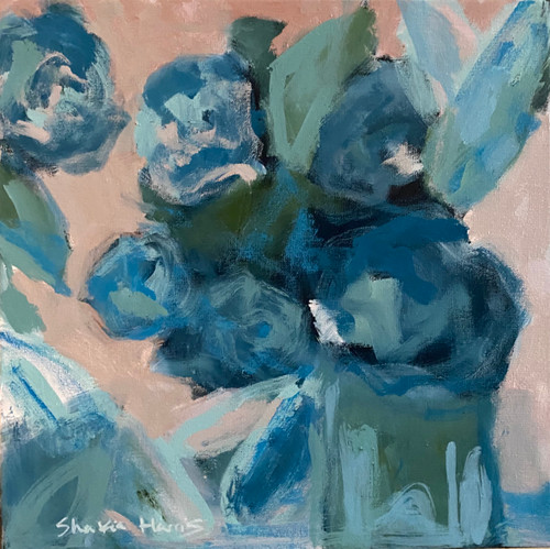 pink and blue hydrangea floral arrangement oil painting square canvas print kentucky artist shakia harris