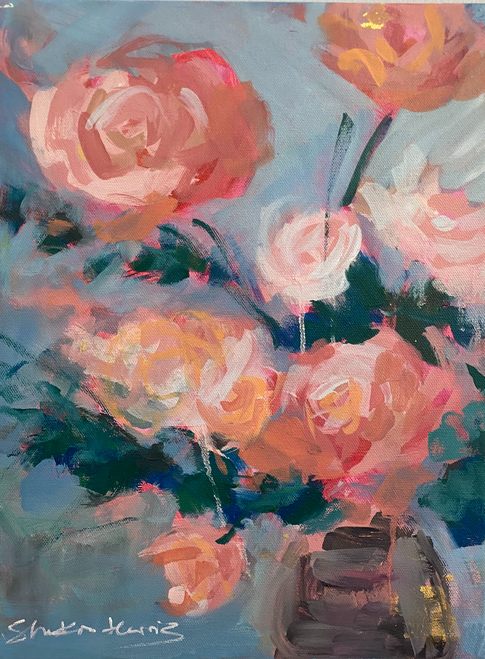 Abstract rose wall art with expressive pink, coral and teal flowers by Shakia Harris