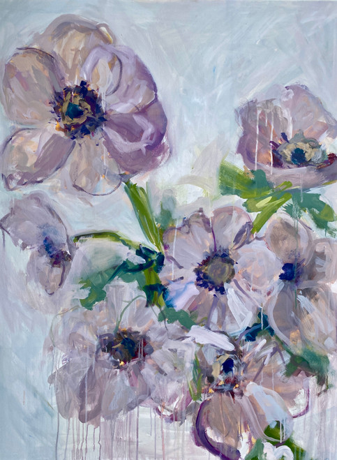 Shop purple floral wall art by Shakia Harris. Rise Up Higher is an abstract giclée canvas print featuring lavender anemones, soft blues and expressive color.