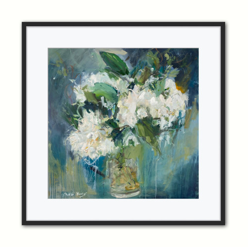 Shop *Fragile Buds In Naked White*, a contemporary floral canvas print featuring expressive white flowers, lush green foliage, and moody blue-green tones. This impressionistic floral wall art brings painterly texture, movement, and sophisticated color into bedrooms, living rooms, dining spaces, offices, and entryways. Created from an original oil painting by Kentucky artist Shakia Harris and available in multiple sizes.