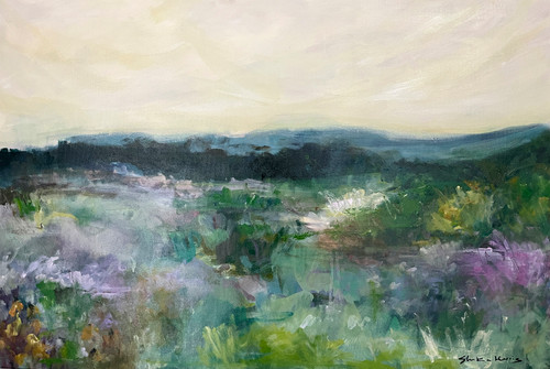 Shop I Want to Wake Up in the Rain, an abstract garden landscape canvas print by Shakia Harris featuring soft blue, green and lavender botanical colors.