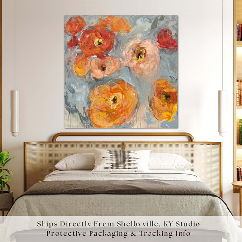 Measuring an impressive 48x48x2 inches, this oil painting is an embodiment of abstract floral elegance, depicting vibrant poppies that seem to dance across the canvas with an ethereal grace.