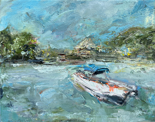 Waiting there for you Cartagena Colombia canvas print featuring a textured impressionistic coastal landscape, colorful boat, Caribbean water, and expressive oil painting details.