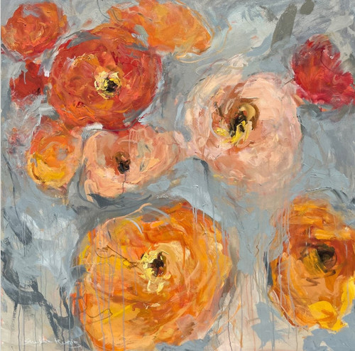 Get Carried Away, Floral Canvas Print "Discover the essence of impressionist beauty with our square canvas print featuring vibrant poppies in hues of yellow, orange, peach, and red against a serene blue-grey background. Handcrafted to perfection, this stunning artwork captures the timeless allure of nature's palette. Available in various sizes, from compact to large, each print promises to add a touch of elegance and sophistication to any space. Elevate your home décor with this exquisite piece, perfect for art enthusiasts and nature lovers alike. Bring the enchanting charm of impressionist poppies into your living space and indulge in the splendor of artistic expression. 5x5, 8x8, 12x12, 1818, 24x24