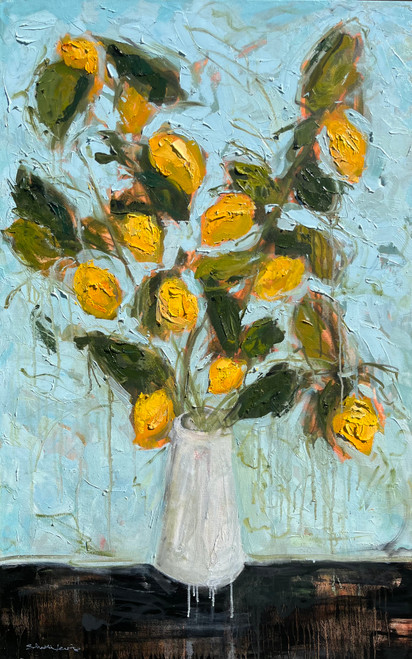 A vibrant lemon tree, tender and determined, rises from a modest vase, its deep green leaves contrasting with the striking yellow of the lemons, each one alive with the freshness of the earth. The tree stands as a symbol of resilience, rooted in the here and now, unburdened by the weight of time.

The background, a soft and fluid gradient of blues, evokes a serene yet expansive sky, suggesting infinite possibilities while keeping the viewer grounded in the immediacy of the moment. The blues create a sense of calmness and clarity, as if the very air around the tree is filled with peaceful stillness.

The contrast between the crisp, almost tangible texture of the lemons and the dreamlike background reinforces the painting’s message: the future is uncertain, but the present—the now—is all we truly control. The play of light across the lemons and leaves, highlighted by delicate and textured brushstrokes, further suggests a quiet celebration of the present's beauty.

This painting reminds us that in the simple, fleeting moments of daily life, there is profound peace. It asks us to stop, breathe, and savor the fruits of today, not burdened by the thoughts of what lies ahead.