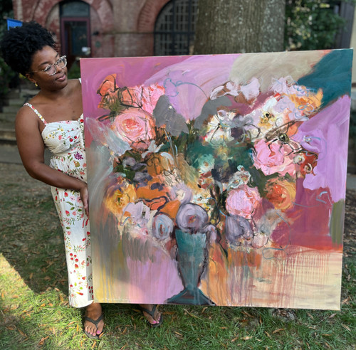 Large 48x48 abstract floral oil painting with graffiti-inspired brushwork in rich purple, burnt orange, and teal tones, creating a bold contemporary statement artwork for modern interiors.