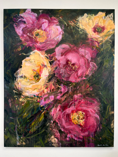 A large-scale floral oil painting featuring lush Julia Rose peonies in warm yellow and pink tones. Hand-painted by award-winning Louisville artist Shakia Harris. Ideal for collectors, garden lovers, and statement interiors.