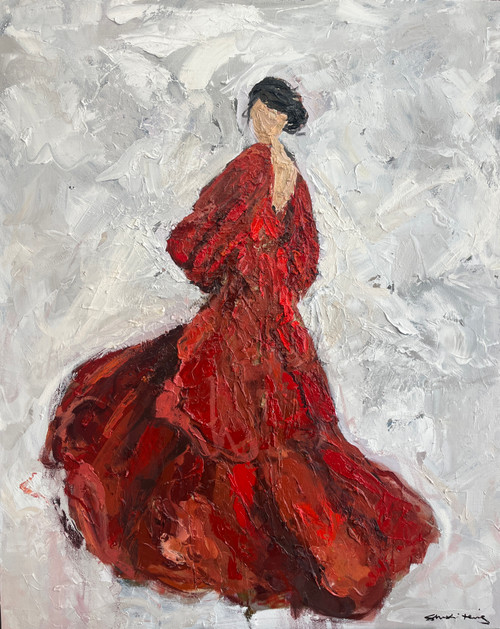 Original 24x30 oil painting, Dance Is the Body's Joy, by Kentucky artist Shakia Harris. Expressive contemporary figurative artwork featuring a woman in a flowing crimson dress with rich palette knife texture. Original fine art available for collectors in Louisville, Lexington, Shelbyville, and surrounding Kentucky communities.